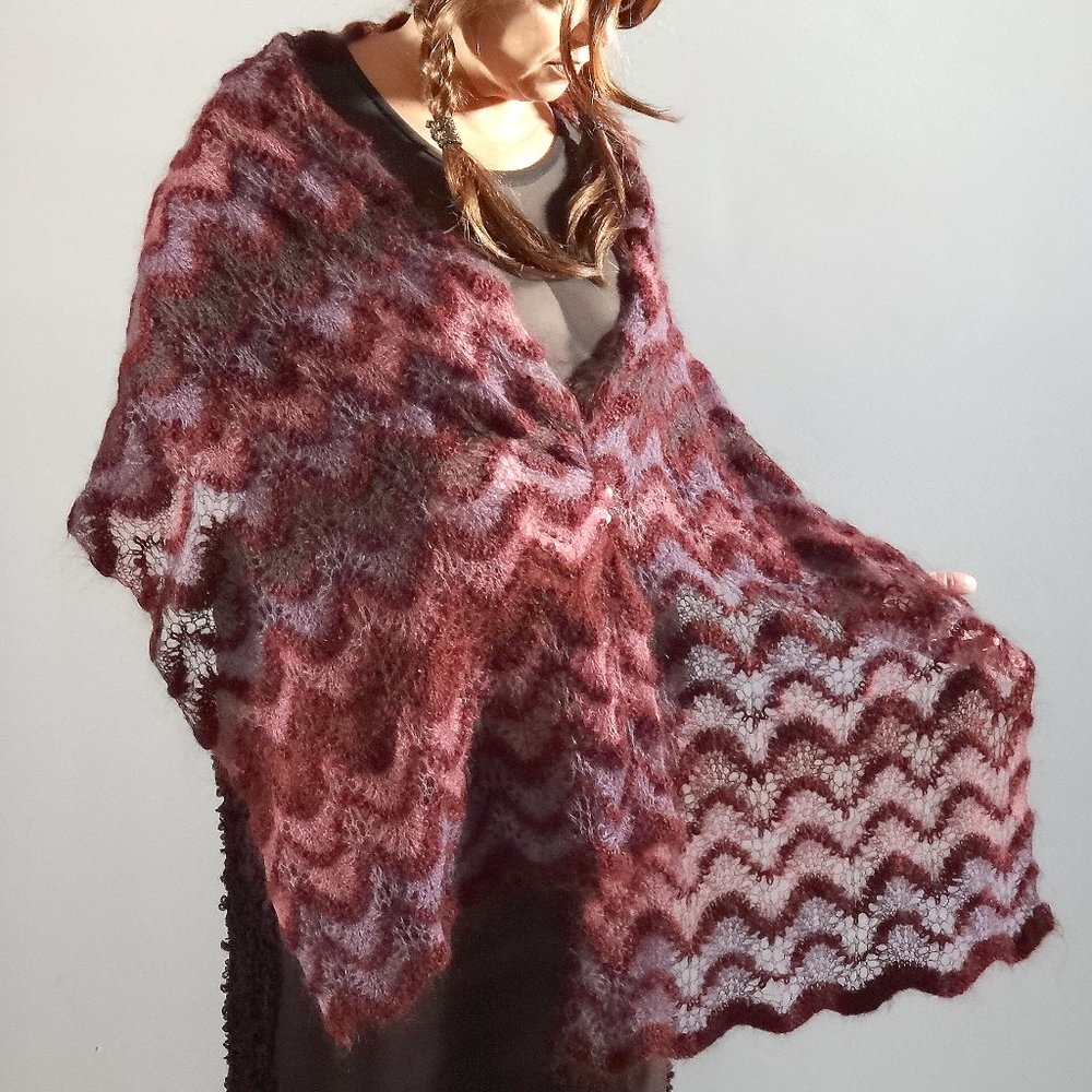 Hand Knit Lace Shawl, Berry Hues, New